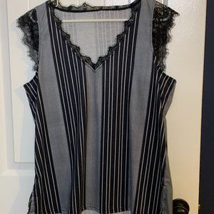 Black & White Striped V-Neck Sleeveless Top w/lace accents on neck and sleeves